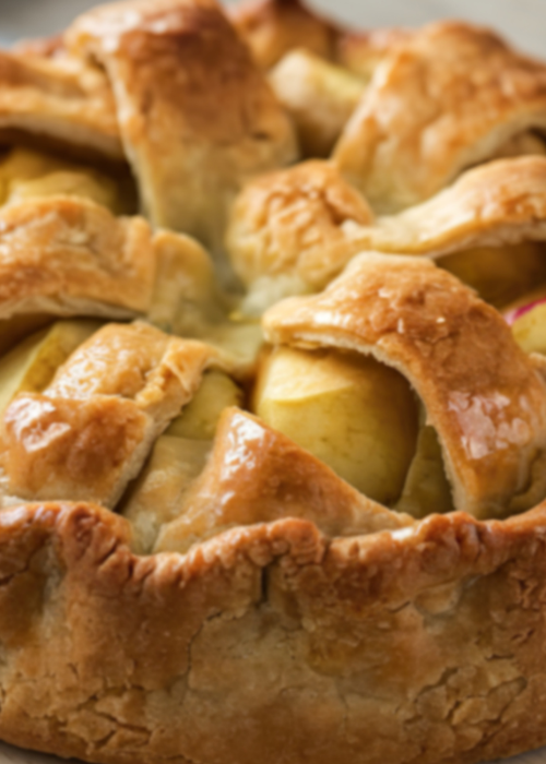 Close-up of a golden-brown apple pie with a flaky lattice crust. The pie looks freshly baked, with tender apple slices visible, conveying warmth and comfort.