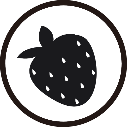 Black silhouette of a strawberry with seeds, inside a thin black circle, set against a white background. Simple, minimalist design.