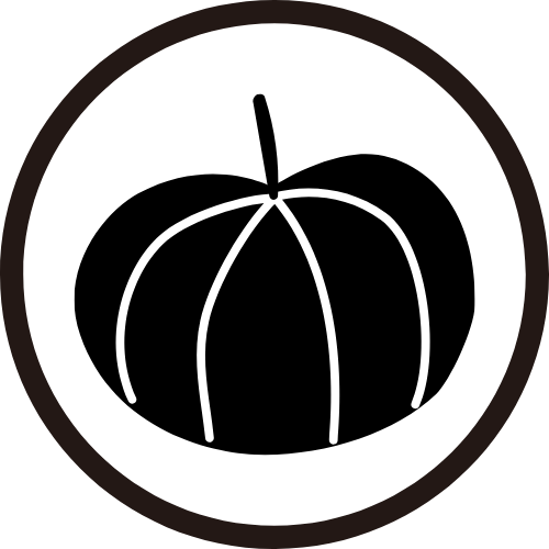 A simplified black pumpkin icon with white curved lines, centered in a circle with a thick black border, on a white background. Minimalist and bold design.